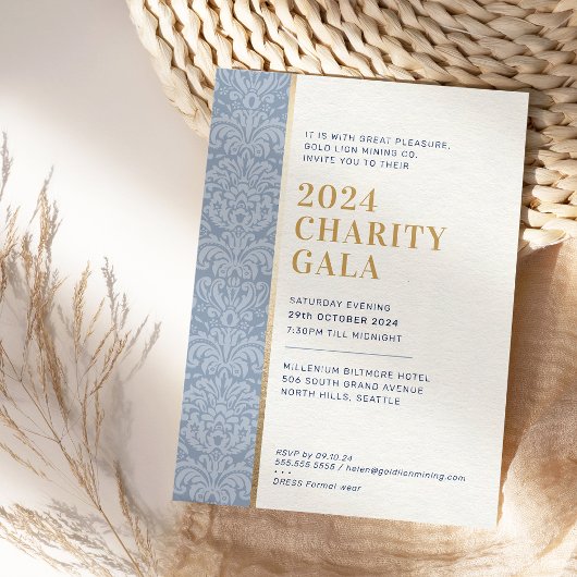 Invitation GALA BALL simple élégant damassé bleu foncé or