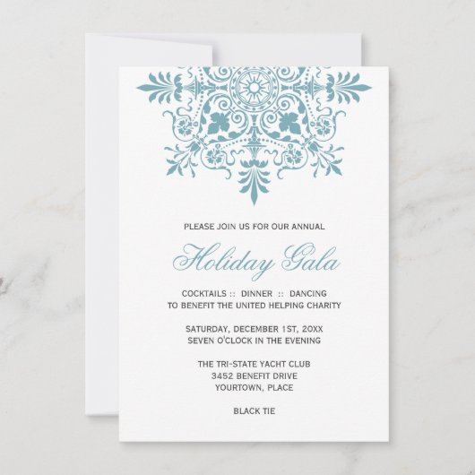 Invitation Gala de Fêtes Ornementales Bleu Glace Baroque (Devant)