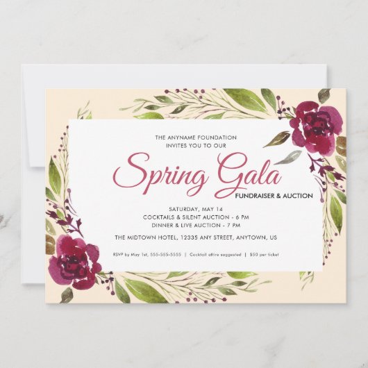 Invitation Gala de printemps collecte de fonds Aquarelle Flor (Devant)