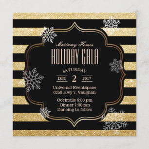Invitation Gala de vacances Snowflakes Black & Gold Stripes