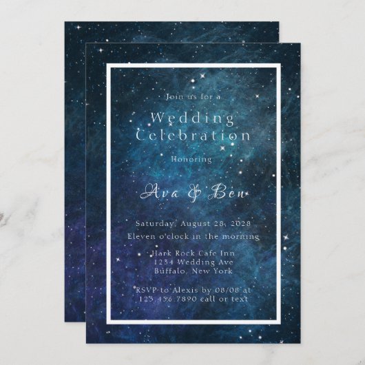 Invitation Galaxie bleue et violette Mariage spatial (Devant / Derrière)