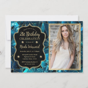 Invitation Galaxie Cristal Minuit Sarcelle Photo Anniversaire