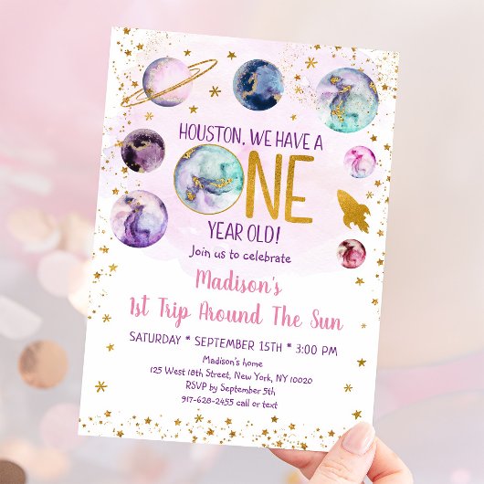 Invitation Galaxie de l'espace rose Premier anniversaire