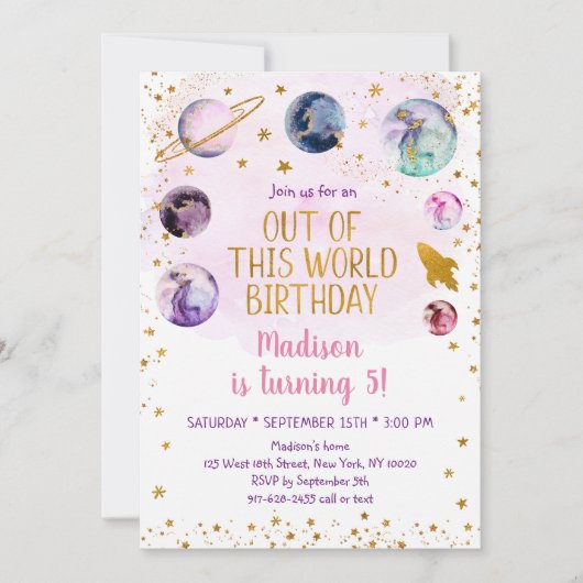 Invitation Galaxie D'Espace Rose De Ce Monde Anniversaire (Devant)