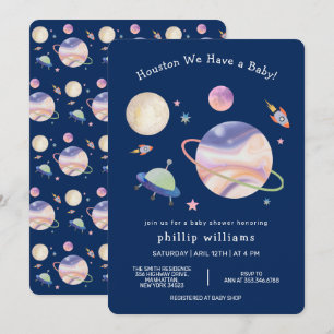 Invitation Galaxie spatiale bleu nuit Lune étoile Baby Shower