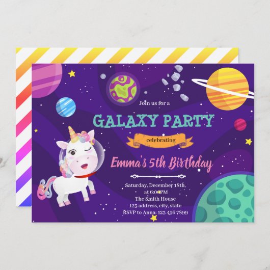 Invitation galaxie spatiale licorne (Devant / Derrière)