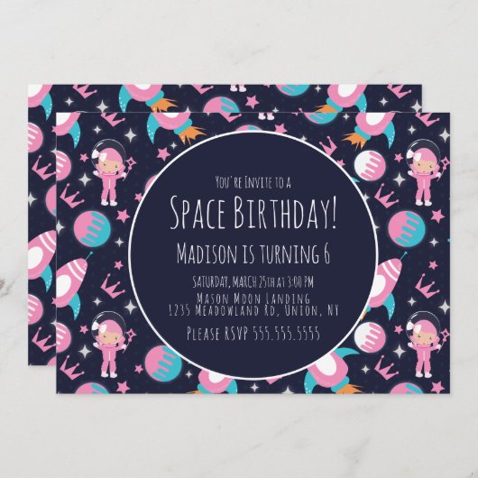 Invitation Galaxie spatiale Princesse Rose Astronaut Annivers (Devant / Derrière)