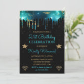 Invitation Galaxie verte et or Marbre 21e anniversaire (Debout devant)