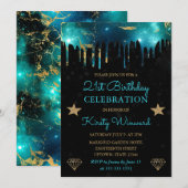 Invitation Galaxie verte et or Marbre 21e anniversaire (Devant / Derrière)
