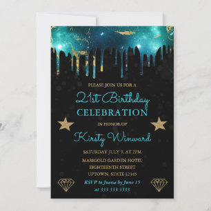 Invitation Galaxie verte et or Marbre 21e anniversaire
