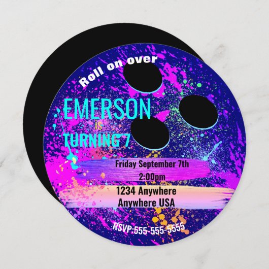 Invitation Galaxy BOWLING BALL, bowling, Fête d'anniversaire (Devant / Derrière)