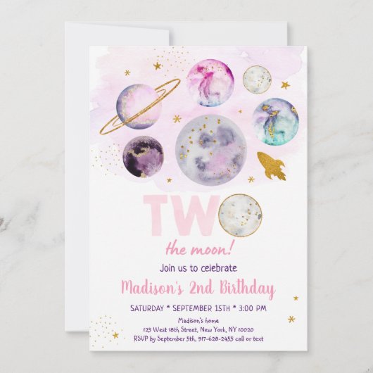 Invitation Galaxy Deux La Lune Rose Or l'espace extra-atmosph (Devant)