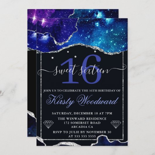 Invitation Galaxy & Faux Parties scintillant argent Agate Swe (Devant / Derrière)