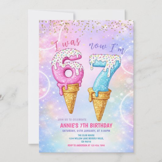 Invitation Galaxy Glitter I Was 6 Now 7 Birthday Ice Cream  (Devant)
