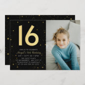 Invitation Galaxy moderne Photo Black Gold 16e fête d'anniver (Devant / Derrière)