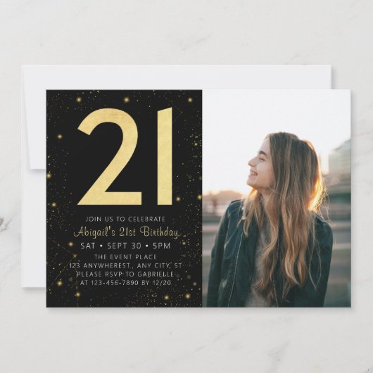 Invitation Galaxy moderne Photo Black Gold 21e fête d'anniver (Devant)