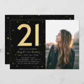 Invitation Galaxy moderne Photo Black Gold 21e fête d'anniver (Devant / Derrière)