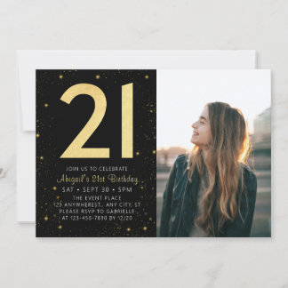 Invitation Galaxy moderne Photo Black Gold 21e fête d'anniver