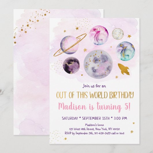 Invitation Galaxy Pink Gold de cet anniversaire mondial (Devant / Derrière)