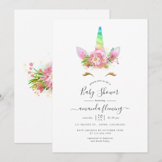Invitation Galaxy Rainbow Floral Unicorn Baby shower (Devant / Derrière)