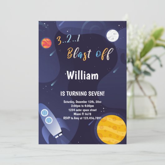Invitation Galaxy Rocket Thème pour enfants (Debout devant)