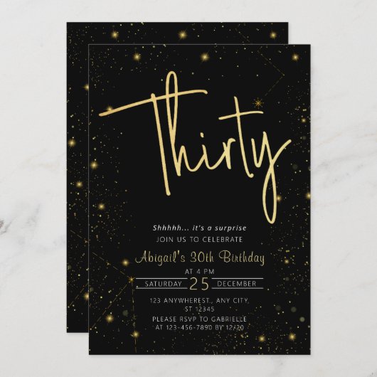 Invitation Galaxy Script Black and Gold 30th Birthday Party (Devant / Derrière)