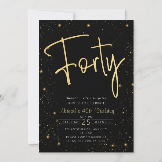 Invitation Galaxy Script Black and Gold 40th Birthday Party (Devant)