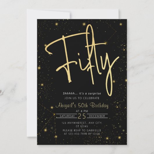 Invitation Galaxy Script Black and Gold 50th Birthday Party (Devant)