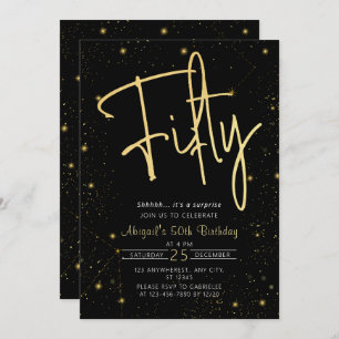Invitation Galaxy Script Black and Gold 50th Birthday Party