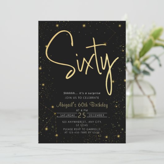 Invitation Galaxy Script Black and Gold 60e anniversaire fête (Debout devant)