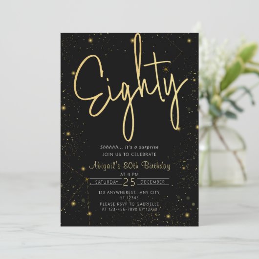 Invitation Galaxy Script Black and Gold 80th Birthday Party (Debout devant)