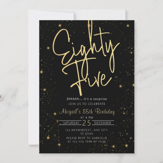 Invitation Galaxy Script Black and Gold 85e fête d'anniversai (Devant)
