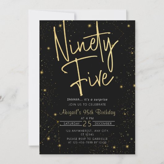 Invitation Galaxy Script Black and Gold 95e fête d'anniversai (Devant)