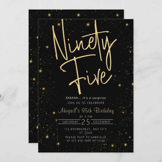 Invitation Galaxy Script Black and Gold 95e fête d'anniversai (Devant / Derrière)