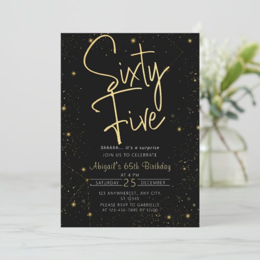 Invitation Galaxy Script Noir et Or 65e fête d'anniversaire (Debout devant)