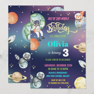 Invitation Galaxy Space Astronaut Planets Fille fête d'annive