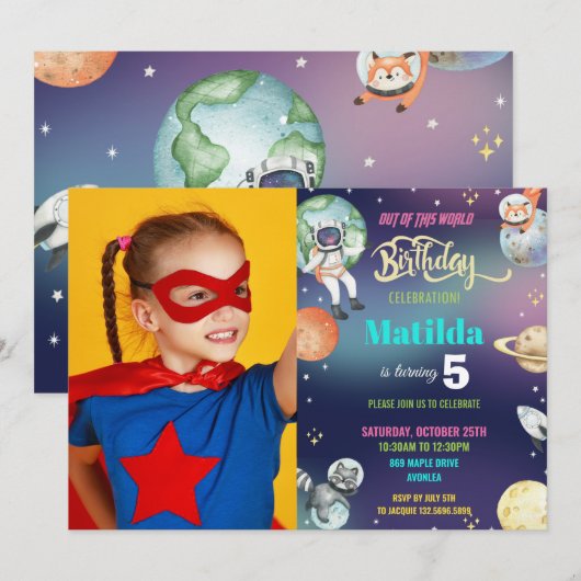 Invitation Galaxy Space Astronaut Planets Girl Birthday Photo (Devant / Derrière)