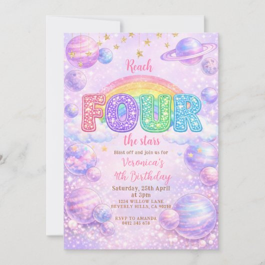 Invitation Galaxy Space Rainbow 4th Birthday Party (Devant)