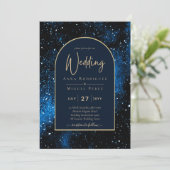 Invitation Galaxy Starry Night Marine Blue Gold Mariage (Debout devant)