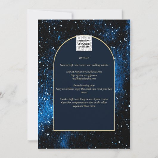 Invitation Galaxy Starry Night Marine Blue Gold Mariage (Dos)