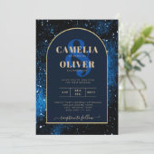 Invitation Galaxy Starry Night Marine Blue Gold Mariage (Debout devant)
