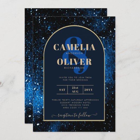 Invitation Galaxy Starry Night Marine Blue Gold Mariage (Devant / Derrière)