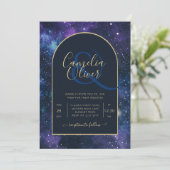 Invitation Galaxy Starry Night Marine Blue Gold Mariage (Debout devant)