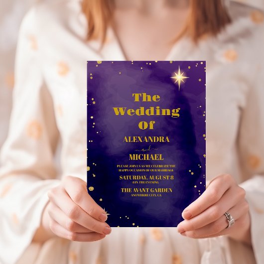Invitation Galaxy Starry Night Sky Blue Purple Gold Mariage