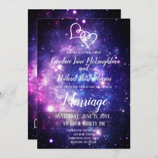 Invitation Galaxy Starry Night Space Double Hearts Mariage (Devant / Derrière)