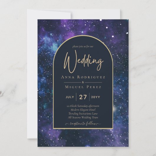 Invitation Galaxy Starry Nuit violet bleu Mariage or (Devant)