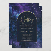 Invitation Galaxy Starry Nuit violet bleu Mariage or (Devant / Derrière)