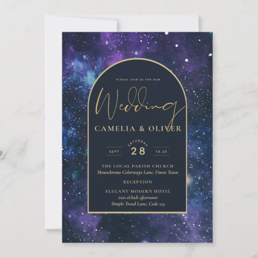Invitation Galaxy Starry Nuit violet bleu Mariage or (Devant)