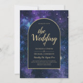 Invitation Galaxy Starry Nuit violet bleu Mariage or (Devant)