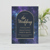 Invitation Galaxy Starry Nuit violet bleu Mariage or (Debout devant)
